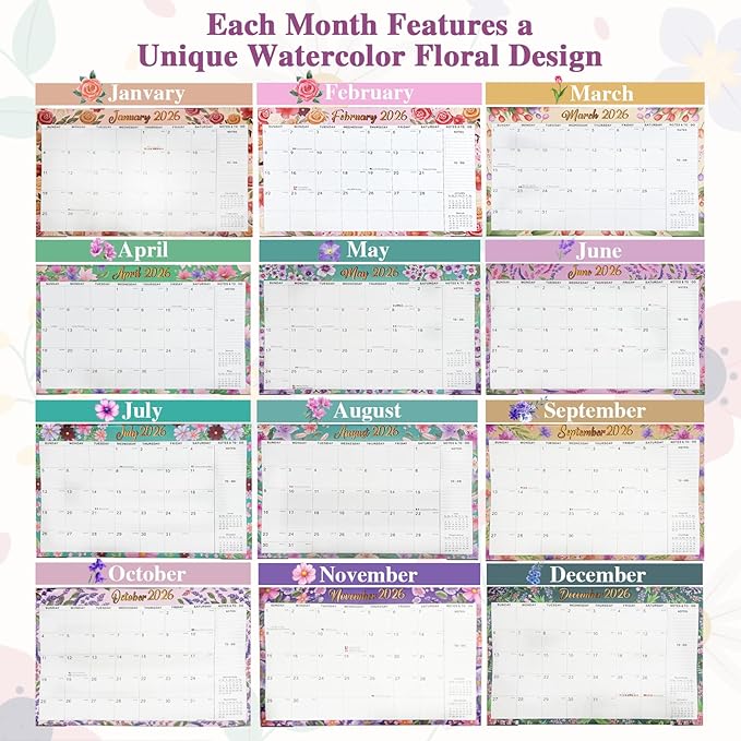 2026-2027 Desk Calendar – 18-Month Watercolor Floral Wall/Desk Calendar, 17" x 12", Monthly Planner with Elegant Botanical Designs, January 2026 to June 2027