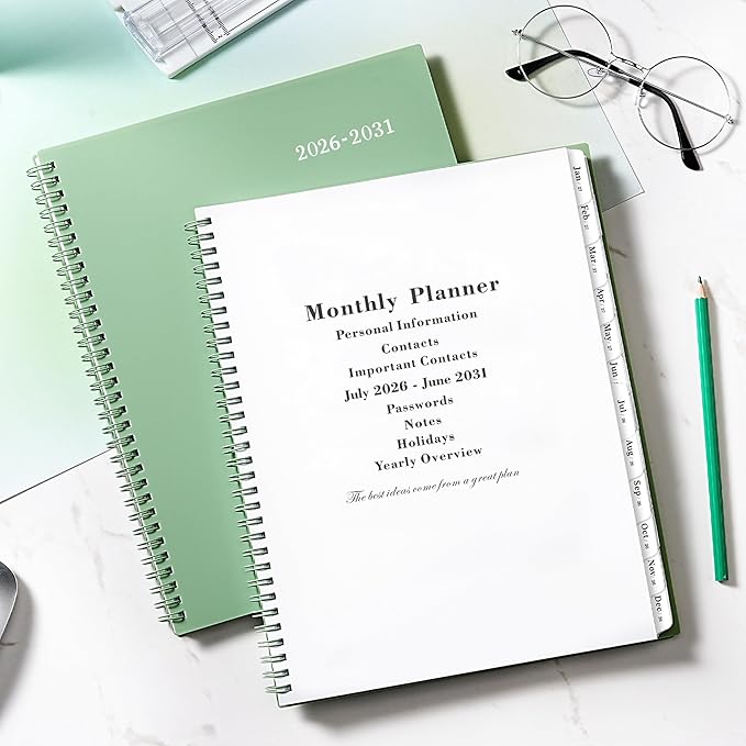 2026-2031 Monthly Planner/Monthly Calendar - 5 Year monthly Planner, Jul. 2026 - Jun. 2031, 9" x 11", Double-Side Pocket + Durable Polypropylene Cover - Sage Green