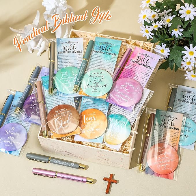 Sayglossy 50 Sets Mother's Day Women Christian Gifts Bulk Bible Verse Gel Pens Religious Compact Mirrors Emergency Bookmarks for Mother Grandmother Daughter Bible Study Group (Rendering Color)