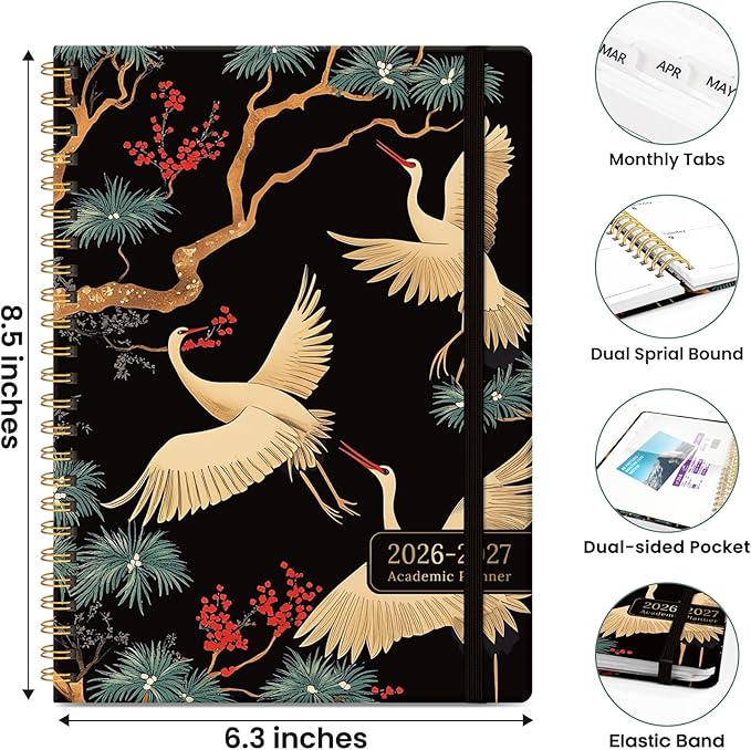 Planner 2026-2027, Monthly and Weekly Academic Planner July 2026 - June 2027, Hardcover Student Teacher Planning Agenda Calendar Book with Tabs, Perfect for Office School Supplies, A5 (6.3" x 8.5") - Crane
