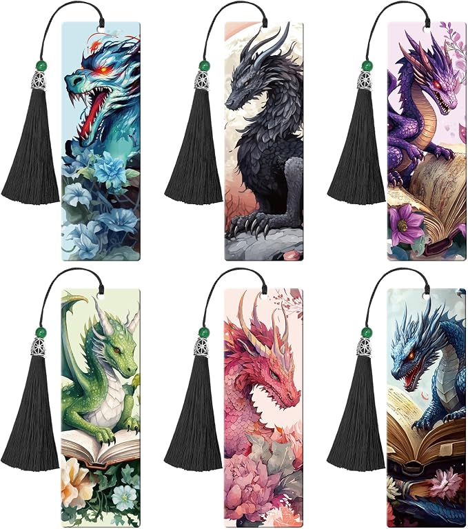 Dragon Acrylic Bookmarks Gifts - 6 Pcs Fantasy Bookmarks with Tassels Cool Romantasy Book Marks Page Marker Clip Gift for Men Women Book Lover Teacher Student Bookish Bookworms Reading