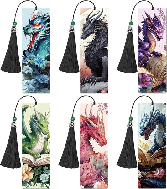 Dragon Acrylic Bookmarks Gifts - 6 Pcs Fantasy Bookmarks with Tassels Cool Romantasy Book Marks Page Marker Clip Gift for Men Women Book Lover Teacher Student Bookish Bookworms Reading