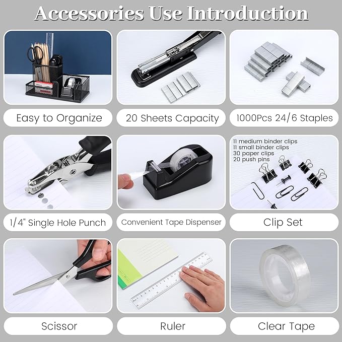 Black Office Desk Accessories, 9 Pcs Desk Organizers and Accessories with Mesh Pen Holder, Stapler, Tape Dispenser, Hole Punch, Office Supplies Set for Office Home School Women Students Gift