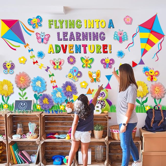 109 PCS Spring Bulletin Board Decorations Set Spring Flower Kite Cutouts with 3D Tissue Paper Pompoms Back to School Classroom Decor Colorful Floral Butterfly Decor for School Office Home Wall Supply