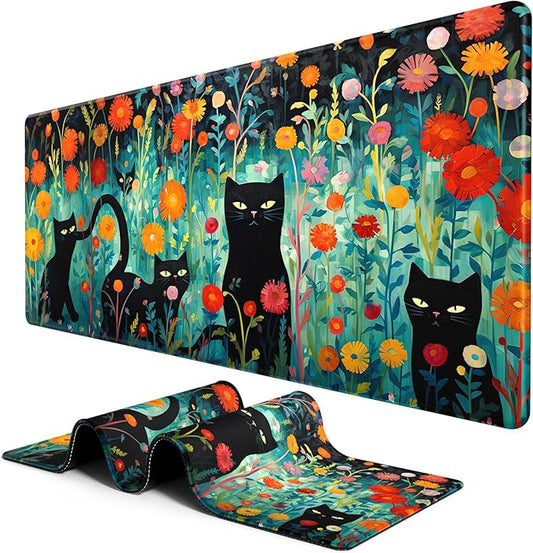 BOSOBO Large Desk Mat, XXL Gaming Mouse Mat, Full Cover Desktop 31.5 x 11.8 Inches, Black Cat GreenFolwers