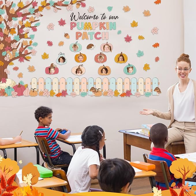 Pasimy Fall Bulletin Board Decorations Set Pumpkin Classroom Door Decor Autumn Maple Cutouts DIY Pumpkin Photo Crafts Thanksgiving Bulletin Board for Halloween Home Office Wall Supplies(Cartoon)