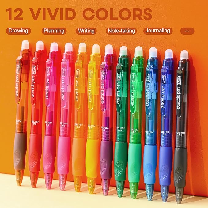 RIANCY 12 Pack Clicker Colored Erasable Gel Pens, 0.5mm Fine Tip, Multicolor & Assorted Ink with Eraser for Mistake Free Writing, Note Taking, Drawing, School & Office Supplies, Soft Grip