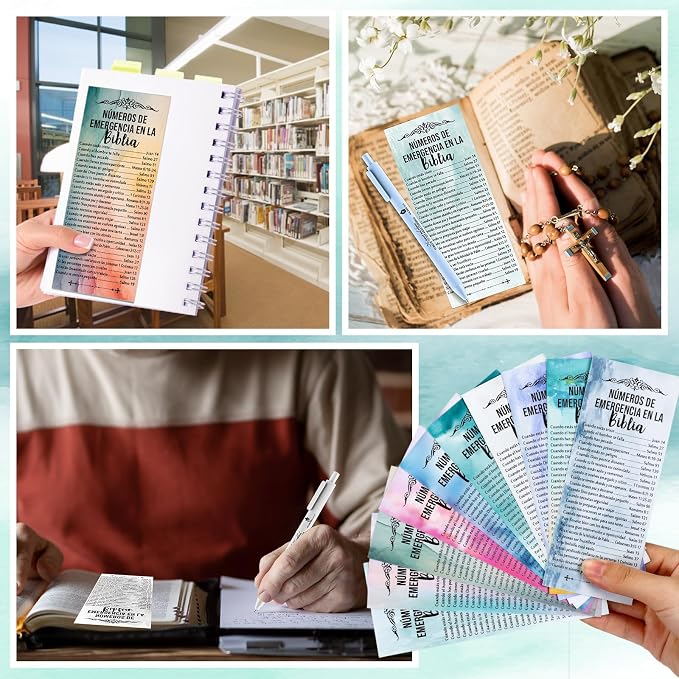 Feifeiya 50 Sets Christian Fathers Day Gifts Bulk Religious Pens Bible Verse Emergency Numbers Bookmark Scripture Catholic Gift for Women Men Church Welcome Sunday School(Watercolor,Spanish)