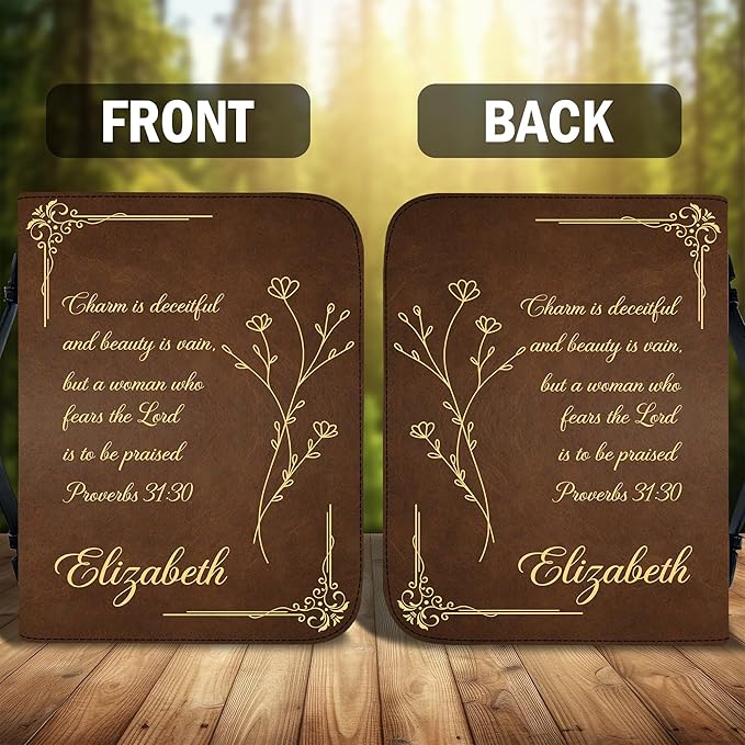 Custom Leather Bible Cover with Name – Personalized Bible Case for Women, Zippered with Handle, Bookmark & Storage Pockets, Christian Gift for Mom, Daughter, Grandma (Custom Quote, M-2XL)