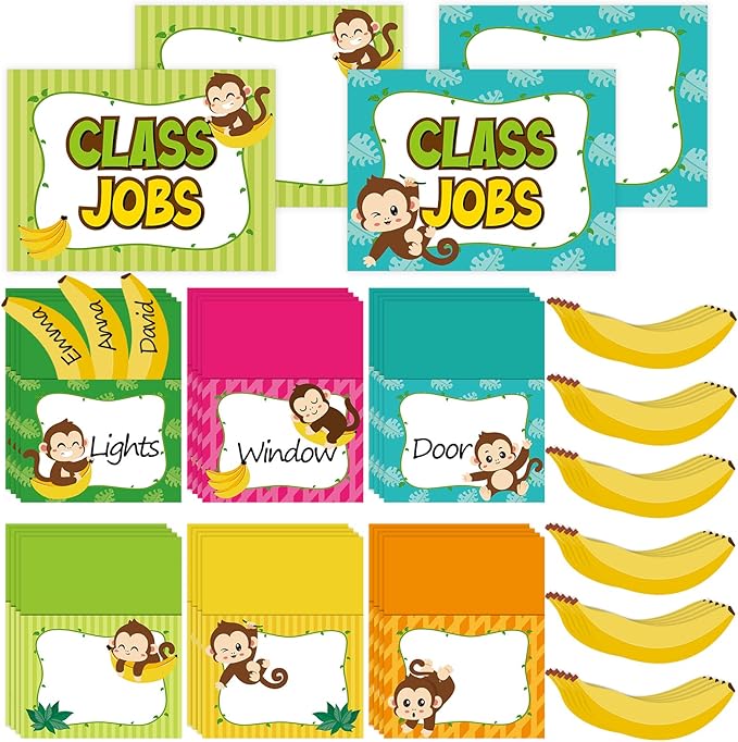 112 Pcs Monkey Class Jobs Bulletin Board Set Jungle Animal Classroom Jobs Pocket Chart Bulk Class Management Educational Chart Teacher's Helper Poster Decoration Back to School Supplies