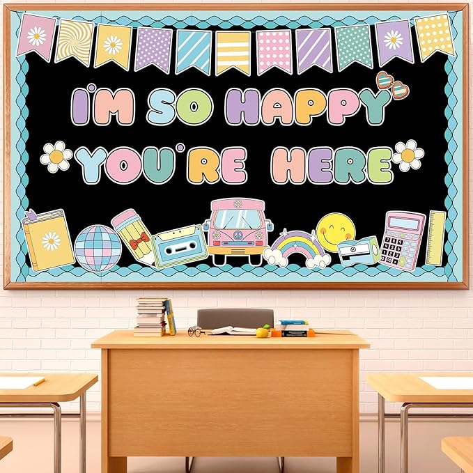 Naozinebi Groovy Back to School Bulletin Board for Classroom Decoration I'm So Happy You're Boho Retro Here Hippie Bulletin Board Set Rainbow Cutouts Daisy DIY Photo for Chalkboard Wall Teacher Decor