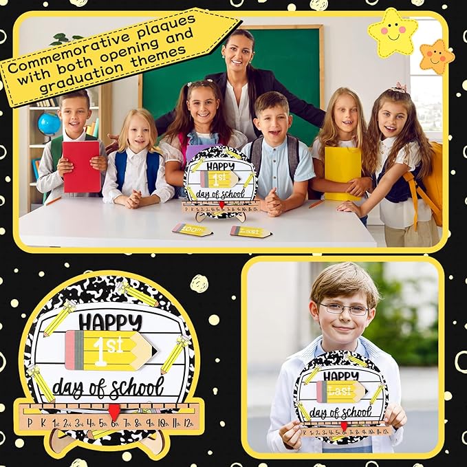 Kosiz First and Last Day of School Sign with Back to School Board Gifts Wooden First Day Sign Reusable Dry Erase 8'' (Composition Notebook and Pencil)