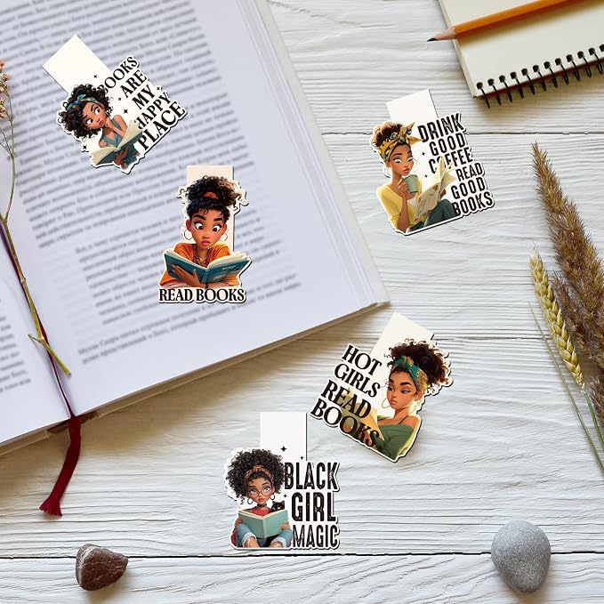 Black Girl Reading Bookmark - 12 PCs African American Women Magnetic Book Mark Inspirational Bulk Aesthetic Magnets Page Markers for Bookish Lovers Students Teachers School Birthday Gift