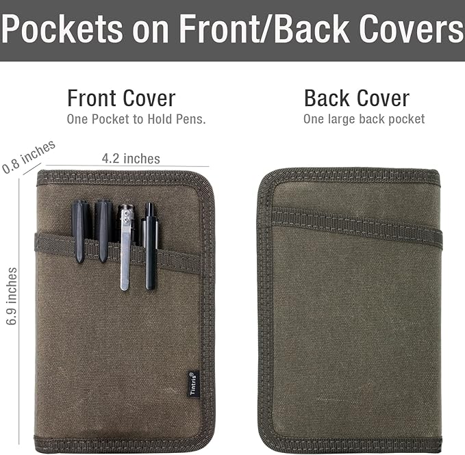 Tintris Journal Cover for Field Notes Notebooks Moleskine Cahier 3.5 x 5.5 with zipper pen holder, Water Resistant Pocket Notebook Cover for Journal Notebook planner, Classy Waxed Canvas, Olive