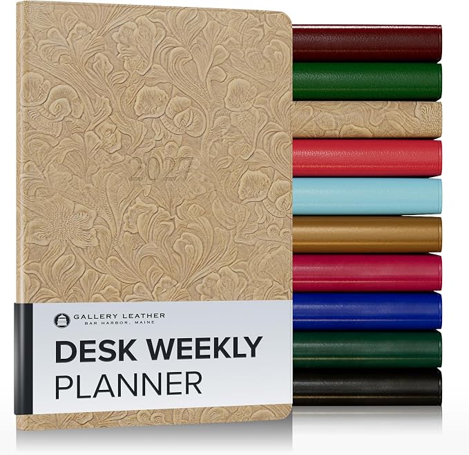 Gallery Leather Desk Weekly Monthly Planner 2027, Elegantly Bound Calendar Planner and Notebook with Stylish Gold-Gilded Page Edges, 12 Months - Floral Latte - 8x5.5"