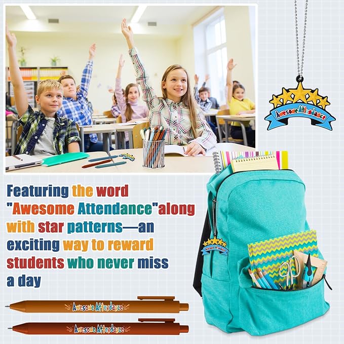 40 Sets Awesome Attendance Gift Ballpoint Pen with Tags Pendant for Student Teacher Motivating Perfect Attendance Reward for Office Class Prize Teacher Must Have