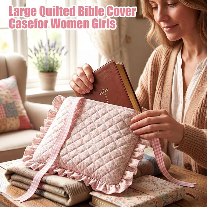 Honoson Quilted Bow Bible Sleeve Cover Case Padded Protector Washable Bible Bag Pouch Christian Gift for Women Girls Book Lover Gifts(Pink Floral)