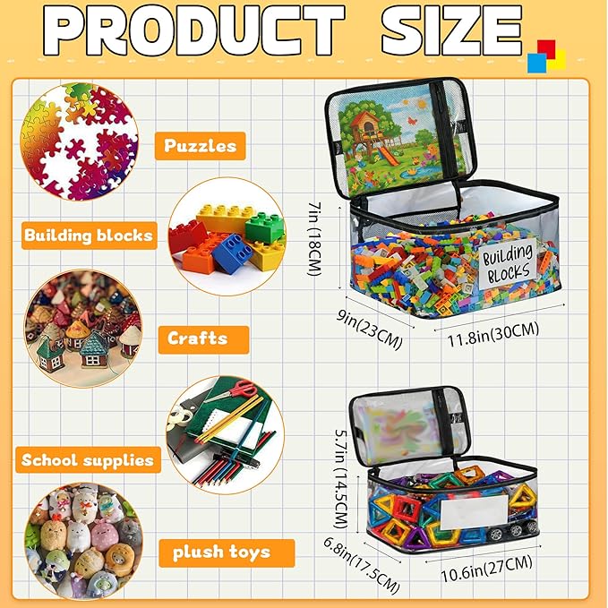 5 Pack Clear Toy Storage Bags, Toy Organizers and Storage with Labels and Manual Pocket, Suitable for Storing Puzzles, Stationery, Building Blocks (5 Packs Size XL(XL: 11.8 * 9 * 7Inch))