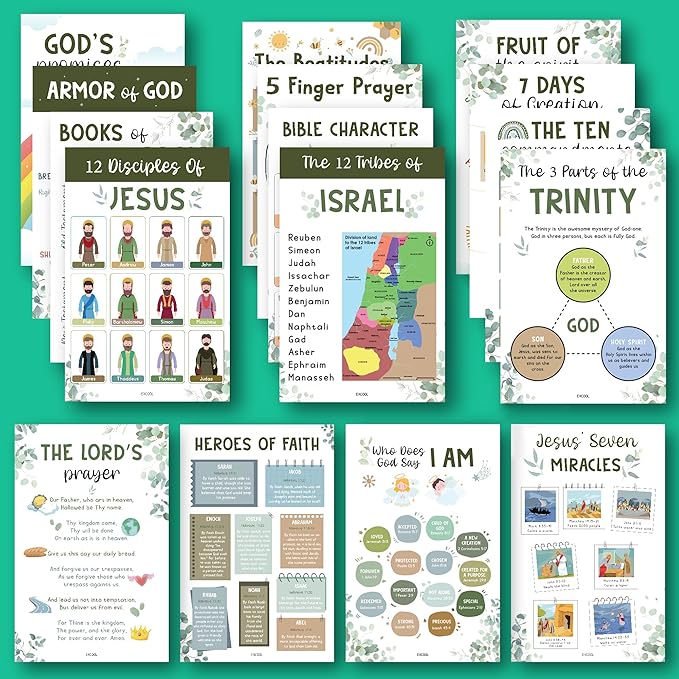 Excool Club Sunday School Decorations For Classroom - 16 Book Of The Bible Posters For Kids, Ten Commandments Fruit Of The Spirit Wall Art, Bible Study Supplies For Christian Classroom Decor (11"x17")