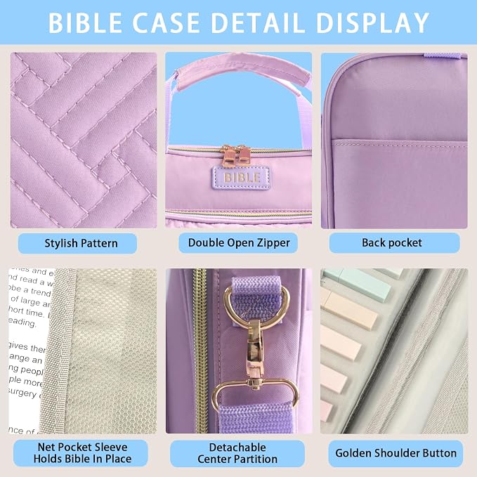 Bible Cover for Women Bible Case, Large Bible Bag, Bible Study Supplies Bible Journaling Kit Book Carrying Case with Bible Highlighters Tabs, Valentines Day Christian Gifts for Women (Purple)