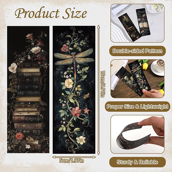 Wxiben Dark Academia Bookmarks for Women - 100 Pcs Gothic Flower Book Mark Retro Aesthetic Bookmark Skull Dragonfly Plants Page Marker Clip Gift for Book Lovers Students Teachers Bookish Reading