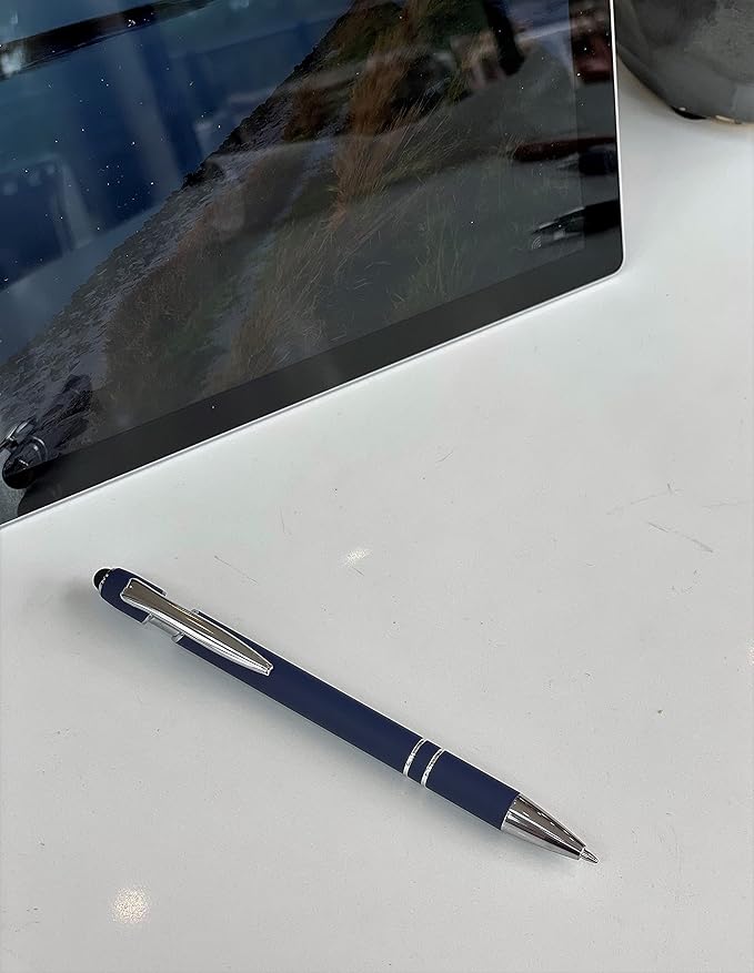 Pack of 5 Rubberized Comfort Soft Touch 2 in 1 Ballpoint Pen Capacitive Stylus Tip, Premium Metal Medium Point, Black Ink, Compatible with Most Touch Screens (Dark Navy Blue)