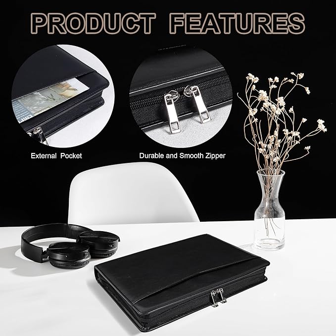 Calfinder Leather Padfolio with Zipper, Professional Business Padfolio for Women,Leather Portfolio for Men,Portfolio Binder for Ipad,Document and Resume,Gift for Valentine's Day