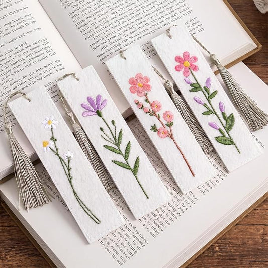 Gersoniel 4 Pack Embroidery Felt Bookmarks Floral Patterns Bookmark with Tassels Handmade Flower Bookmark Cute Book Markers for Reading Adults School Office Book Lovers Gifts (Flower)