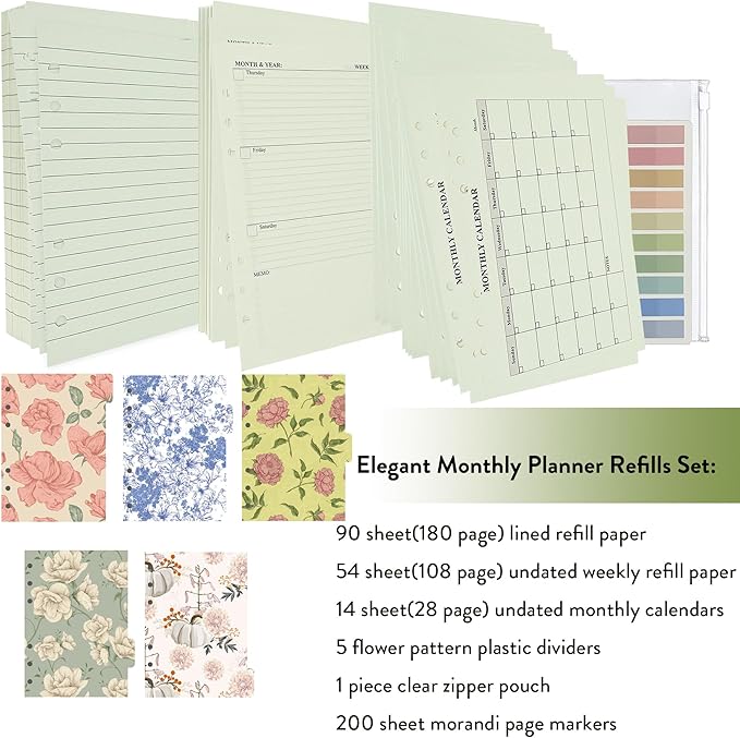 90+54+14 A5 Refill Paper with Undated Monthly Weekly Calendar Planner Inserts, 6 Ring Loose Leaf Lined Filler Paper Refillable for Binder Planner Journal Agenda Notebook