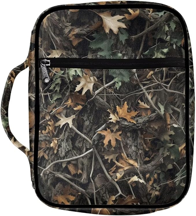 Suobstales Hunting Camo Forest Leaves Print Bible Covers for Women Men Lightweight Bible Bag Bible Accessories with Handle and Zippered Pocket Bible Tote Bag for Kids