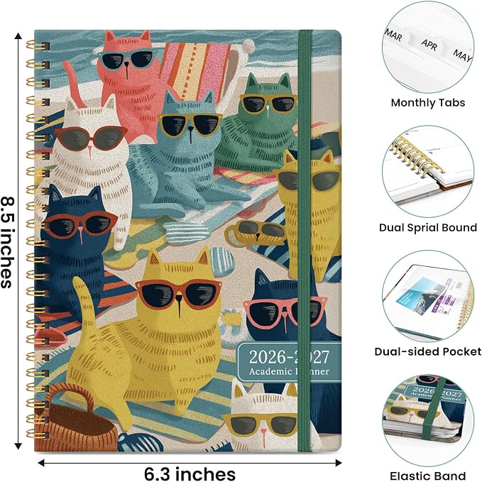 Planner 2026-2027, Monthly and Weekly Calendar Academic Planner July 2026 - June 2027, Hardcover Student Teacher Planning Agenda Book with Tabs, Perfect for Office School Supplies, A5 (6.3" x 8.5") - Beach Cats