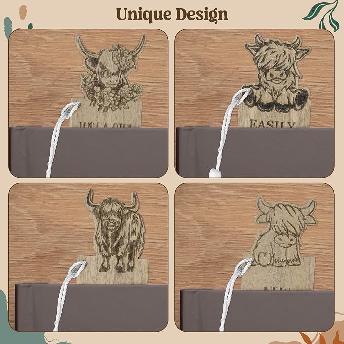 TICIAGA Wooden Highland Cow Bookmarks - 4PCS Walnut Brown Cow Bookmarks Bulk with Tassel for Book Lovers, Farm Animal Wooden Carving Book Mark Xmas Gift for Reading Girls, Teacher Appreciation Gifts