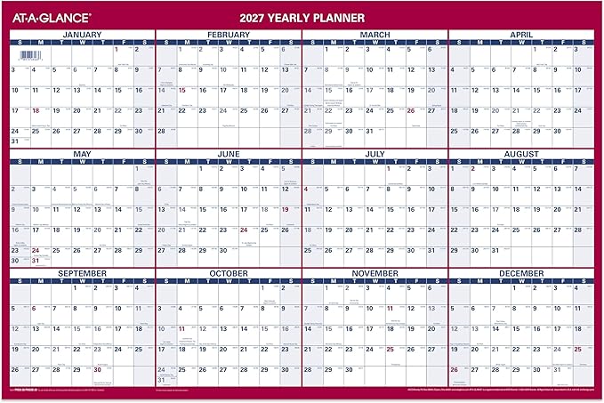 AT-A-GLANCE 2027 Erasable Calendar, Dry Erase Wall Planner, 36" x 24", Vertical-Horizontal, Reversible, Includes Marker (PM262827)