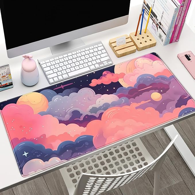 Cute Desk Mat Kawaii Clouds Pink Purple Desk Pad Anime XXL Large Mouse Pad Big Full Desk Gaming Mousepad Laptop Computer Keyboard Mouse Mat 31.5''X 15.7'' Cute Desk Decor Accessories