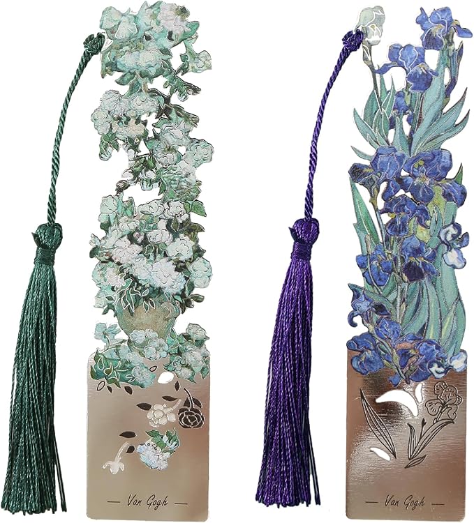 Metal Bookmarks with Tassel - 2 Pcs, Women's Bookmarks - Roses and Irises Design (BKM-046-002)
