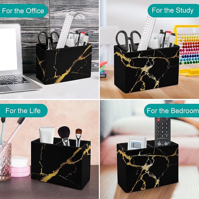 Square Pen Holder Black Marble Gold Texture for Desk, Leather Pencil Container Decoration Office Desk Home, Study Table Pen Organizer, Pencil Organizer