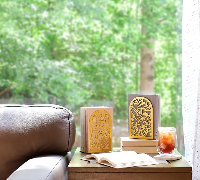 CNK Premium Metal Bookends for Home Office - Heavy Book Stoppers, Decorative Book Shelves (Hummingbird Gold)