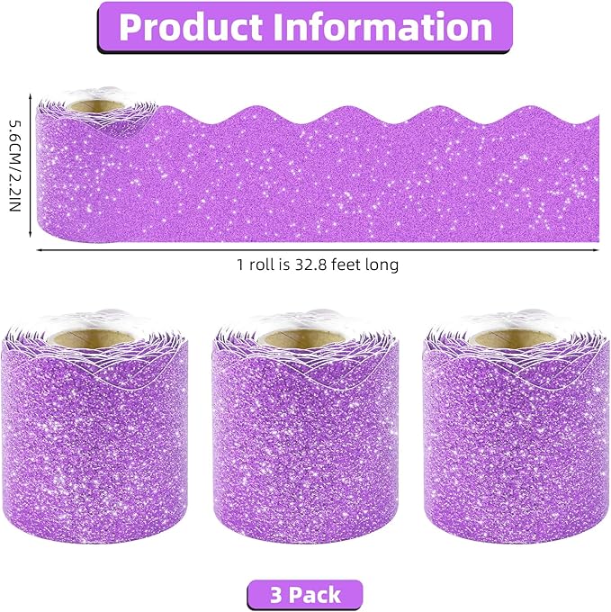3 Rolls 98.4 Ft Glitter Bulletin Board Borders Set - Light Purple Bulletin Board Decorations for Classroom, Office，School Supplies & Home DIY - Perfect for Teachers, Posters & Birthday Party Decor