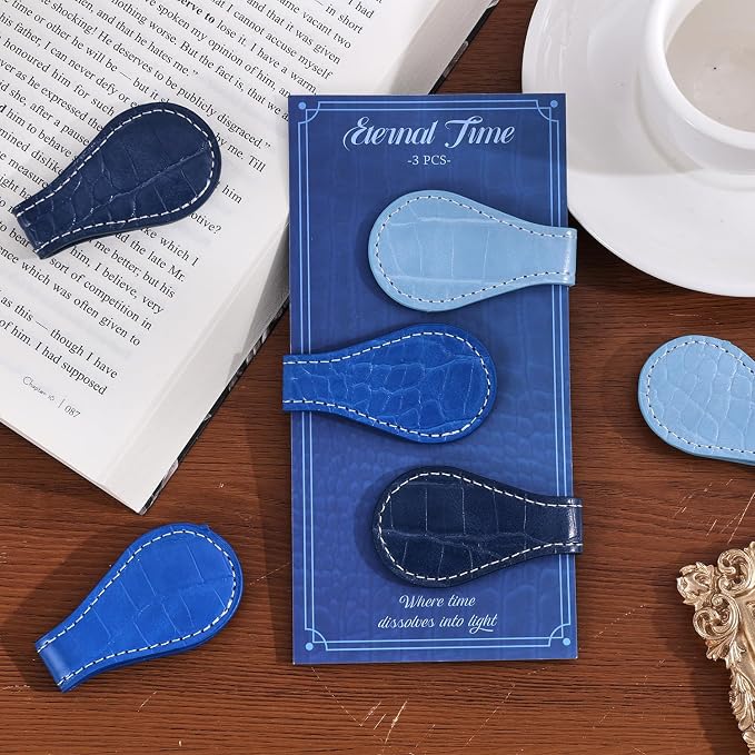 3PCS Vintage Magnetic Leather Bookmark, Leather Magnetic Bookmarks for Women, Magnetic PU Bookmarks Clip Book Accessories, Blue Pattern