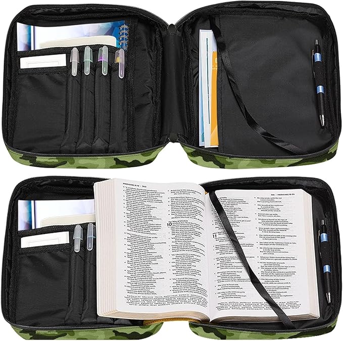 FDANDNDE Green Camo Bible Case with Handles and Zippered, Kid Bible Cover for Church Study Bible, Bible Cover Easy to Cleaning