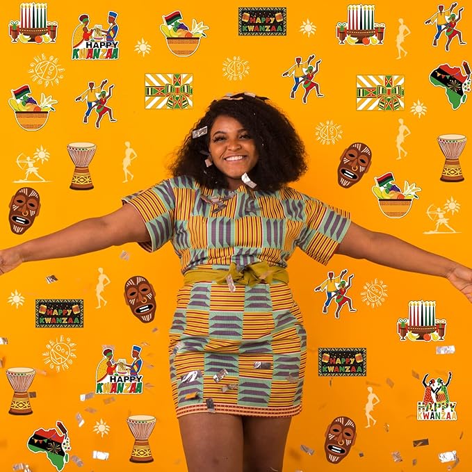 68 Pcs Kwanzaa Classroom Bulletin Border Decoration - Happy Kwanzaa Cutouts, Traditional African Giant Drum Mask Flag Map, Giant Candlestick Cutouts for School Chalkboard, Party Wall
