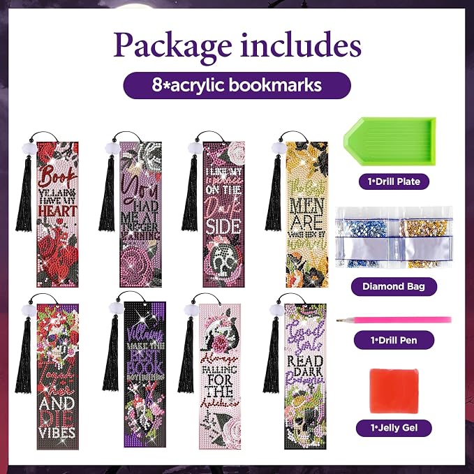 8 Pieces Dark Romance Diamond Art Bookmarks 5d Beaded Bookmark Acrylic Tassel Bookmark for DIY Making Beginners Adults Arts Craft Supplies (Dark Romance)