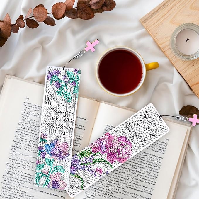 8PCS Diamond Painting Art Bookmarks,Cute Acrylic Bookmarks Crafts Kits Gifts with Pendants for Adult Women Book Lovers (Flower)