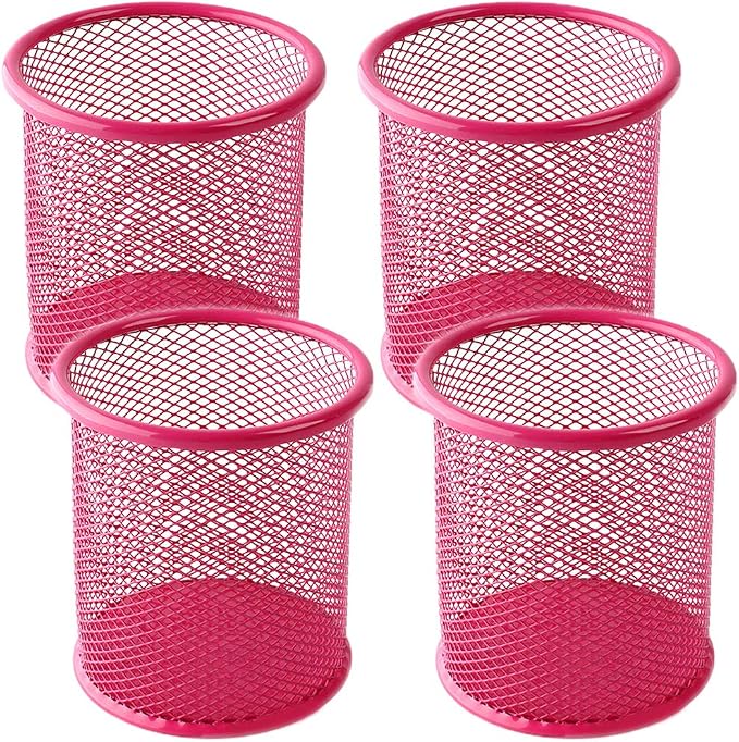 Ameceres 4 Packs Wire Mesh Pencil Holder Metal Pen Cup Desk Pen Organizer Case Pencil Jar Black for Office Home (DeepPink)