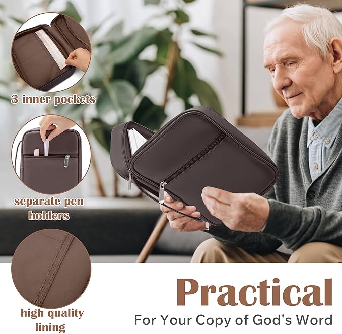 Small Bible Cover Case for Women and Men, 9x6 PU Leather Bible Sleeve, Compact Travel Bible Carrier Bag with Front Pen Holders, Zipper Closure, Inner Pockets - Coffee Brown