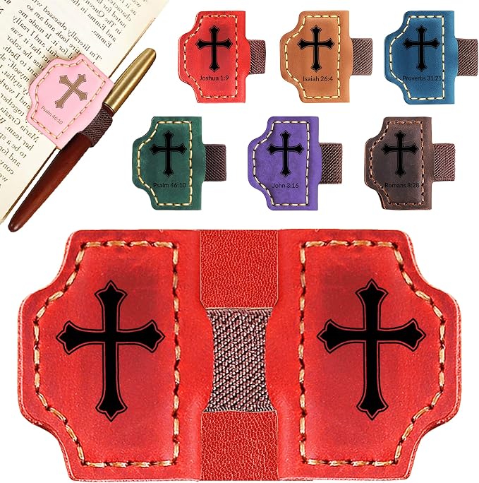 Personalized Leather Bookmark with Pen Holder - Magnetic Bible Verse Design, Christian Book Lovers Reading Accessory, for Book Lovers Men Women (Red, Cross)