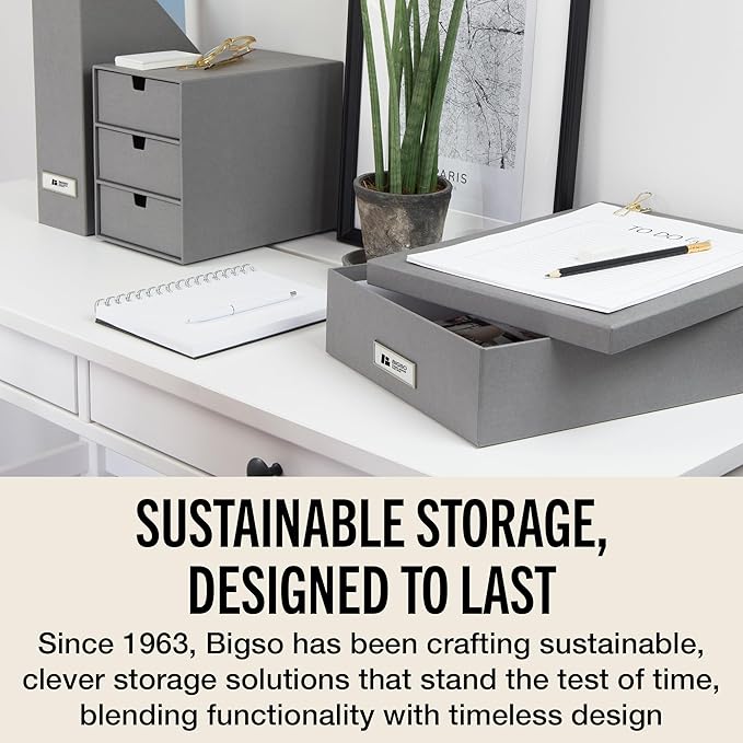 Bigso Oskar Fiberboard Label Frame Document Letter Box - File Organizer Box for Important Paperwork - Document Storage with a Lid & Metal Label Window - 3.3 in x 10.2 in x 13.8 in - Grey
