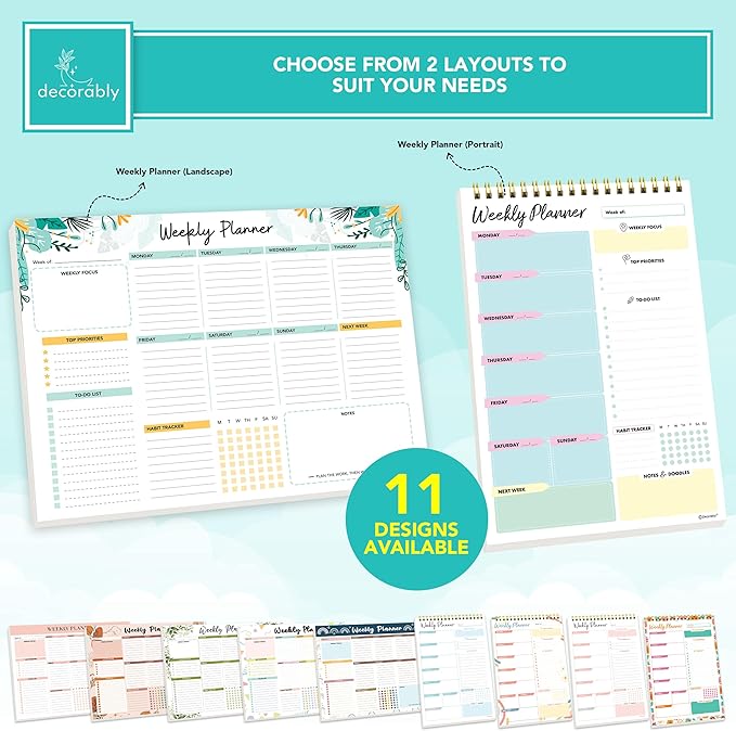 Decorably 52 Sheets Mint Green Undated Weekly Planner Notepad Large - 6.5x10in Spring-Bound Pad, for Focus, Priorities, to-Do List, Habit Tracker, Agenda, Notes - Home, School, Office