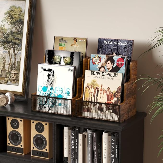 Yuzehuaza 2-Pack Vinyl Record Storage, Stepped 3 Tier LP Vinyl Record Crate, Vinyl Record Album Holder, Holds up to 120 Records, Desktop Metal & Wooden Record Box Case Crate