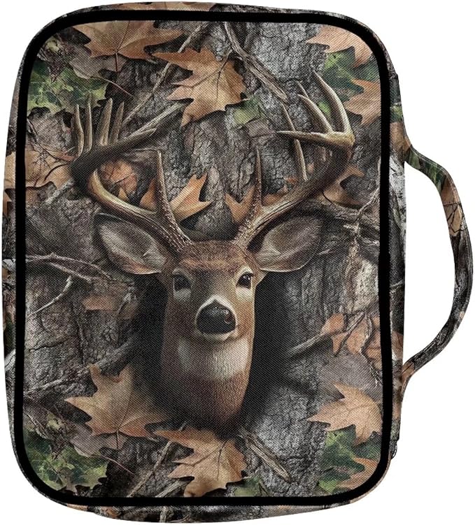 Suobstales Deer Camo Print Bible Cover Carrying Book Case for Women Men Lightweight Bible Bag Bible Protective with Handle and Zippered Pocket